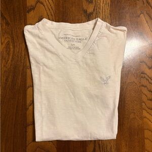 American Eagle Outfitters White V-Neck Tee with Subtle Embroidered Logo